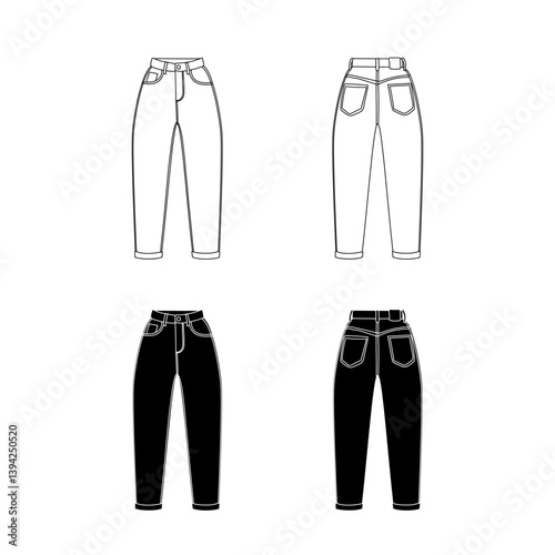 blank template of woman pants. jeans mom. black and white vector image. flat illustration. front and back view mockup