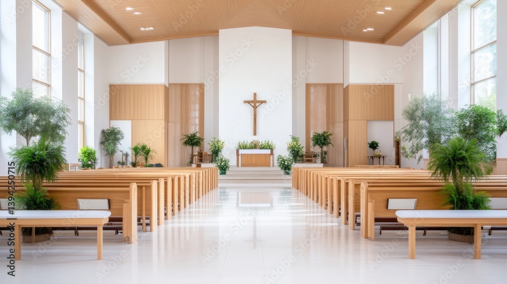 Fototapeta premium Modern Church Sanctuary Empty Pews Brightly Lit High-Resolution Wide Shot, Light Wood Textures Peaceful Contemplation, Minimalist Altar Background, Calm Neutral Tones, Perfect for Religious Websites