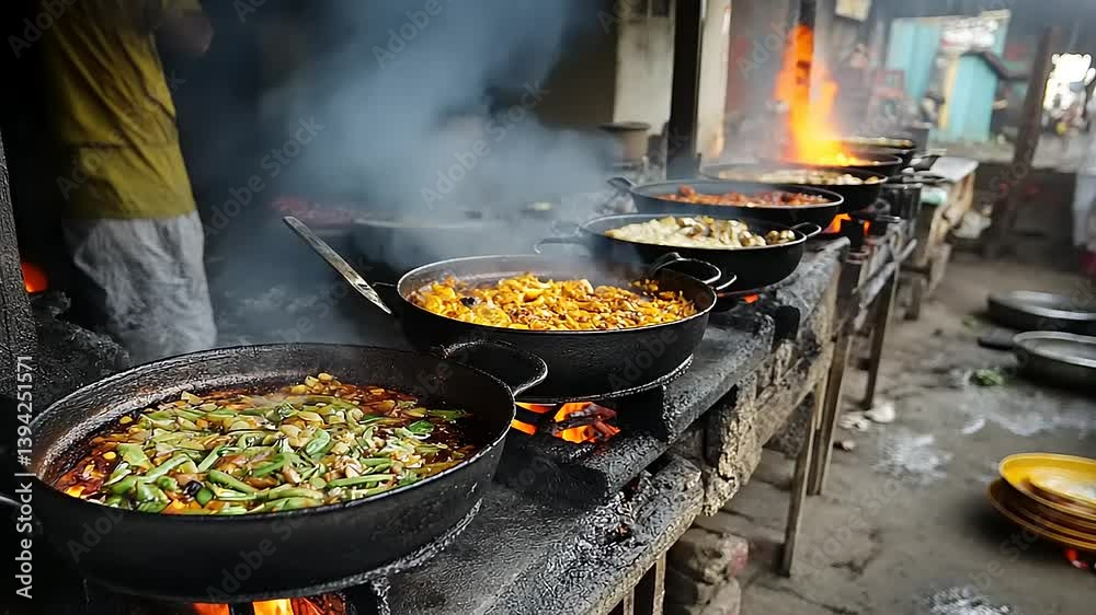 Vibrant street food market showcasing various dishes being cooked over open flames in a bustling environment Vibrant street food market showcasing various dishes being cooked over open flames in a bustling environment