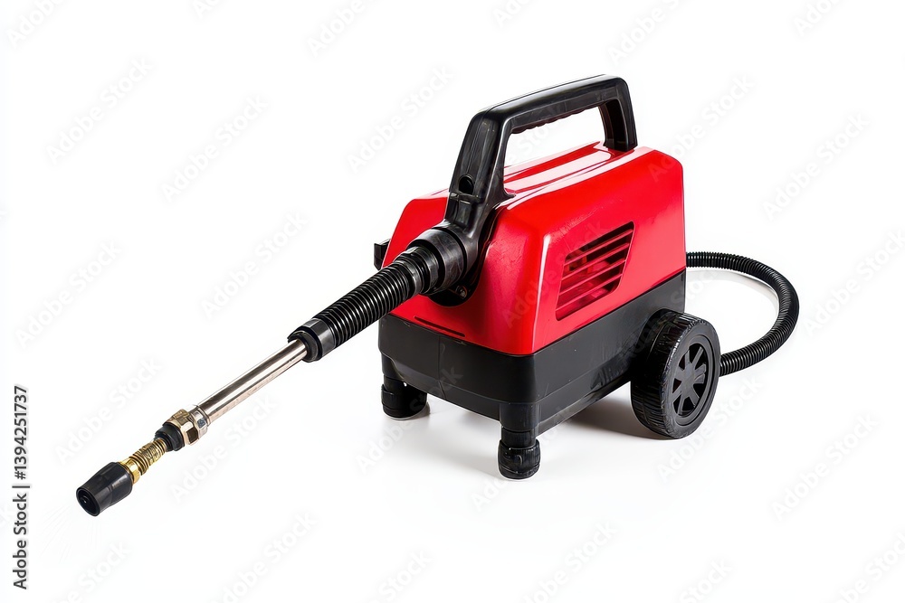 Compact red pressure washer with hose and nozzle positioned on a white background Compact red pressure washer with hose and nozzle positioned on a white background