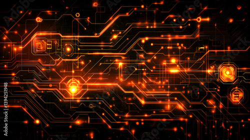 Digital cyberspace design weaves fractal light patterns across a circuit board backdrop