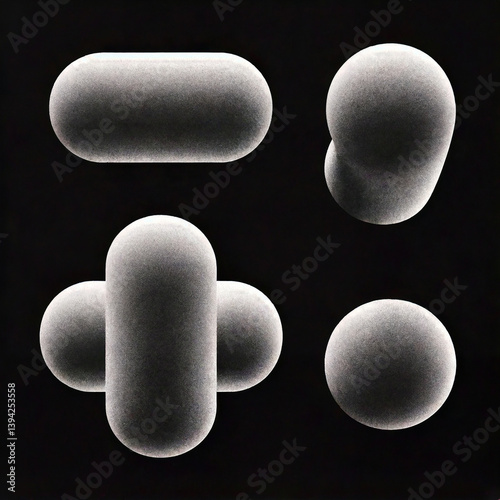 Stylized, abstract punctuation marks with a curled shape. Grainy gradient texture adds depth. Minimal, futuristic, and sculptural—like type meets optical illusion