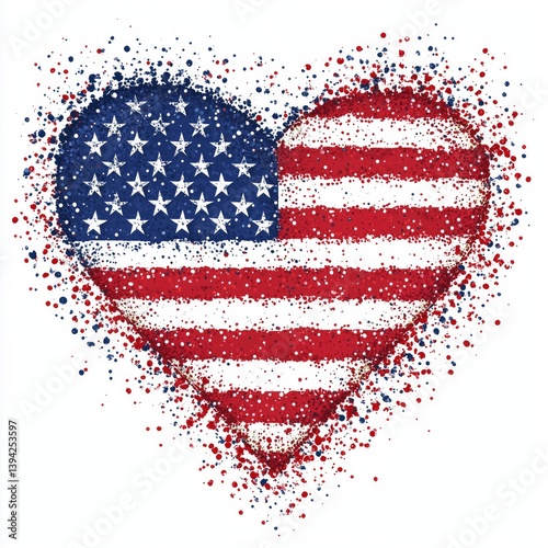 Heart-shaped united states flag dissolving into many small red, white, and blue particles, symbolizing patriotism and love for country