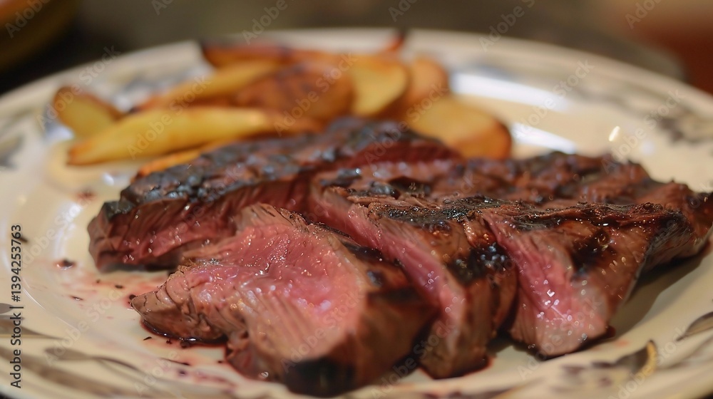 An appetizing plate of steak frites is presented. The steak, a thick and juicy cut, is cooked to a perfect medium - rare, with a seared, browned exterior that gives off a mouth - watering aroma An appetizing plate of steak frites is presented. The steak, a thick and juicy cut, is cooked to a perfect medium - rare, with a seared, browned exterior that gives off a mouth - watering aroma
