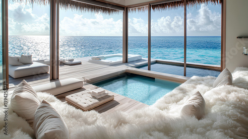 modern living room with an all-glass wall and floor, looking out to the ocean in a beautiful island life view. There is a jacuzzi on one side of the house