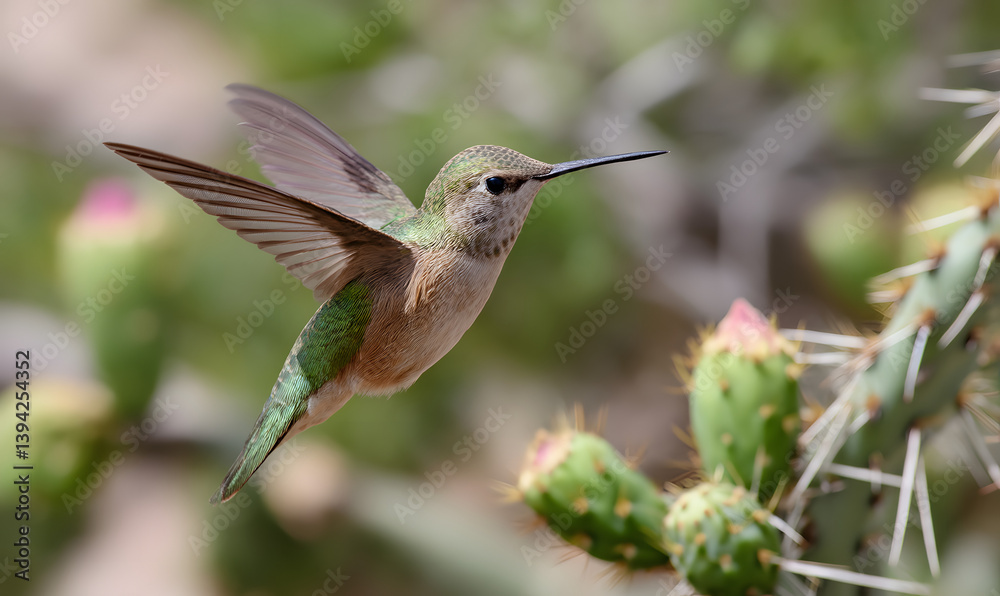 Obraz premium beautiful hummingbird flying next to a new mexico desert cactus, Generative AI