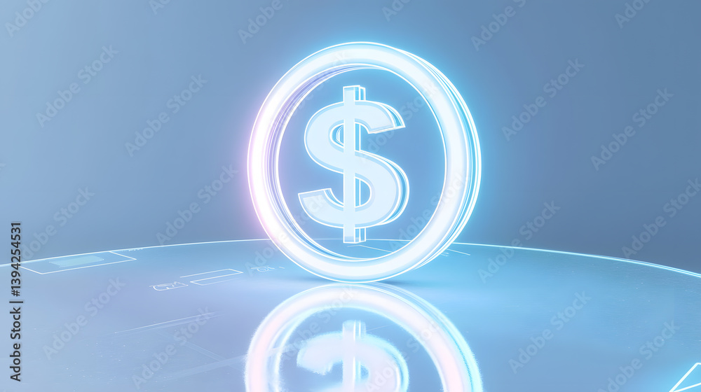 Obraz premium Floating photorealistic glowing dollar symbol digital landscape 3d render innovative concept minimalist style