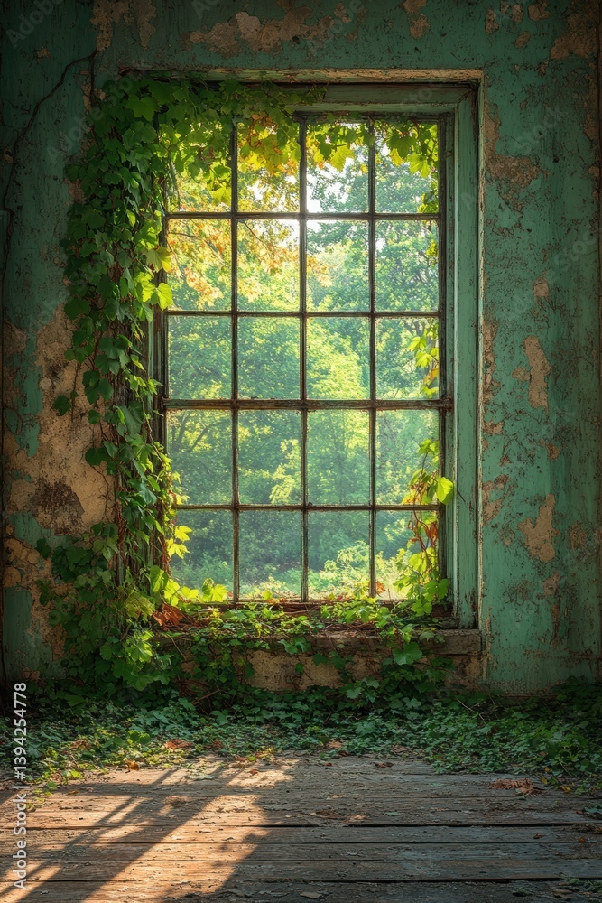 Fototapeta premium Abandoned room with a vintage window framed by ivy, sunlight streaming in