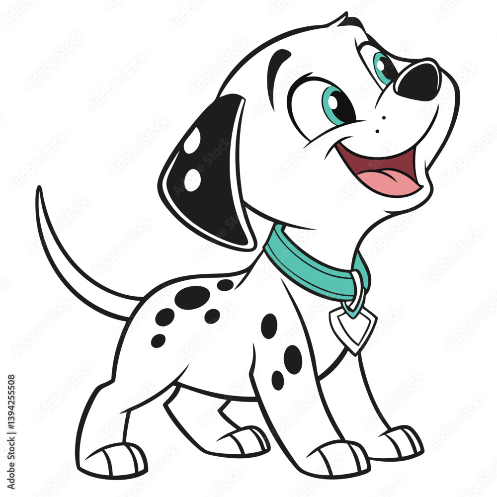 Obraz premium Cute Cartoon Dalmatian Puppy Sitting and Smiling Vector Illustration