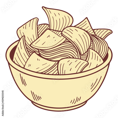 A side view of a snack bowl of savoury potato chips party food, crispy nibbles isolated against a transparent background 