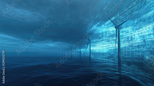 Futuristic offshore wind farm with digital overlay