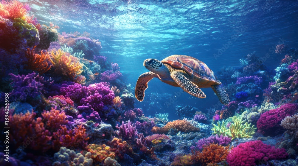 Fototapeta premium Turtle swims vibrant coral reef