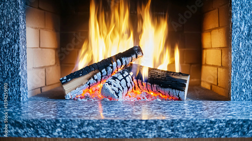 Cozy Fireplace Warmth with Burning Wood Logs Emitting Heat Radiance and Flames photo