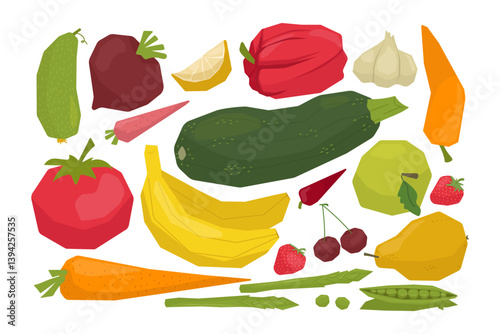 Collection of assorted fruits and vegetables represented in a vibrant vector illustration. Features a variety of produce including bananas, tomatoes, cucumbers, and more.