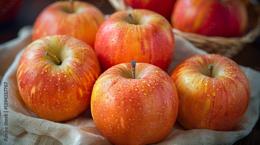 bag filled with apples placed on top oflinen cloth, taken from above bag filled with apples placed on top oflinen cloth, taken from above