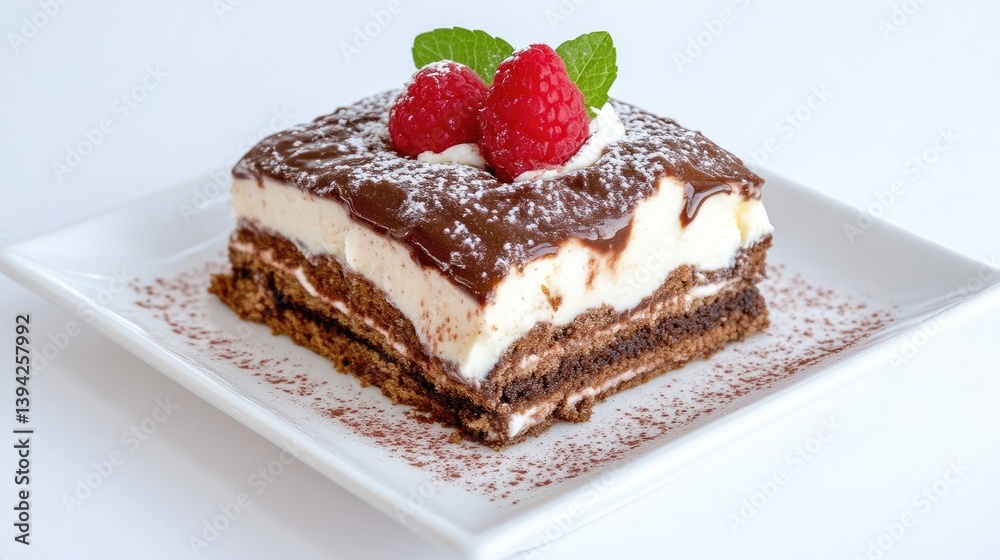 A delicious slice of layered chocolate and cream dessert on a white plate, garnished with fresh raspberries and mint leaves, and close-up view. A delicious slice of layered chocolate and cream dessert on a white plate, garnished with fresh raspberries and mint leaves, and close-up view.
