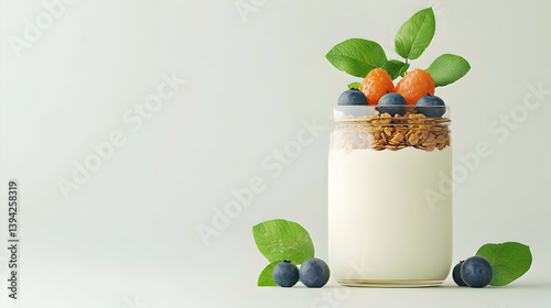 Minimalist 3D Render of Yogurt with Honey and Fresh Spring Fruits photo