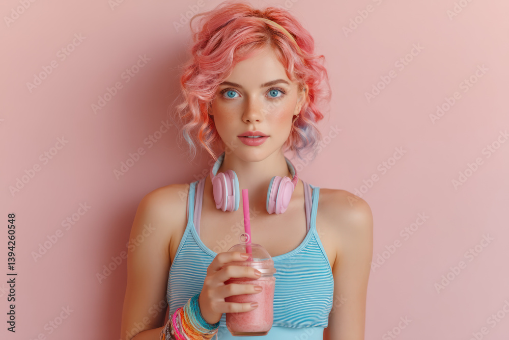 A young woman with pink hair and headphones enjoys smoothie, standing against pastel pink background, exuding vibrant and trendy A young woman with pink hair and headphones enjoys smoothie, standing against pastel pink background, exuding vibrant and trendy