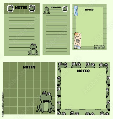cute frog-themed notepad pages and memo pads collection for daily and weekly organizing.