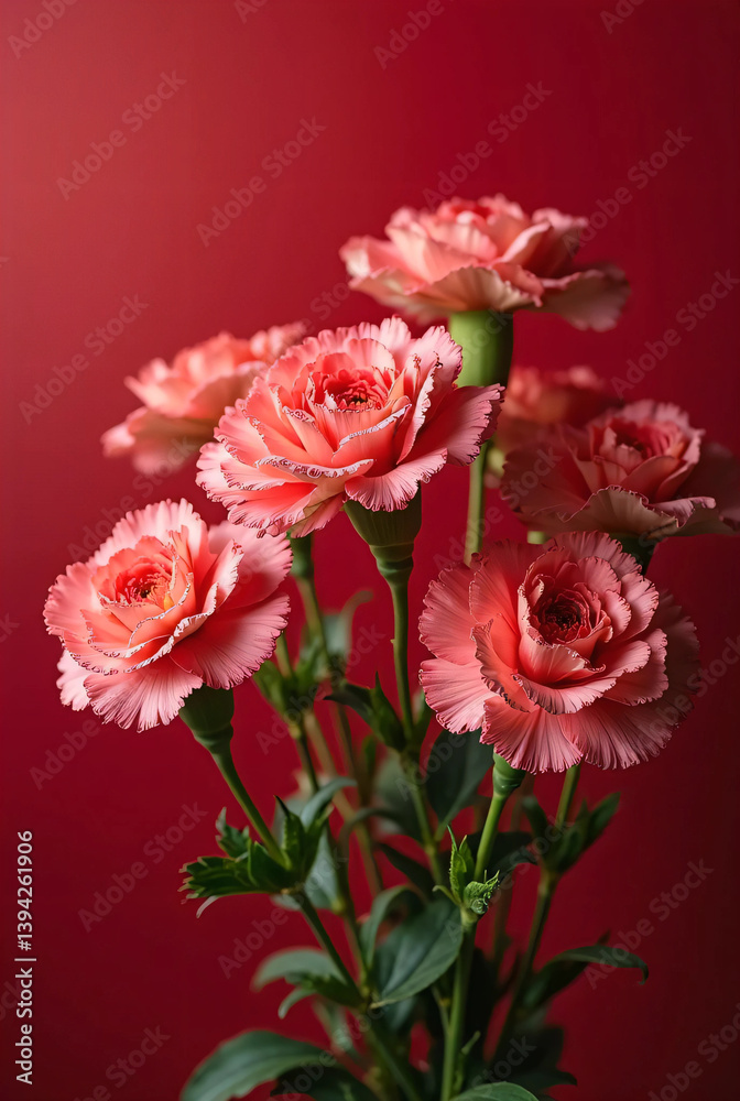 A bouquet of carnations on a red background. Mother's day image. Expressing gratitude. A bouquet of carnations on a red background. Mother's day image. Expressing gratitude.