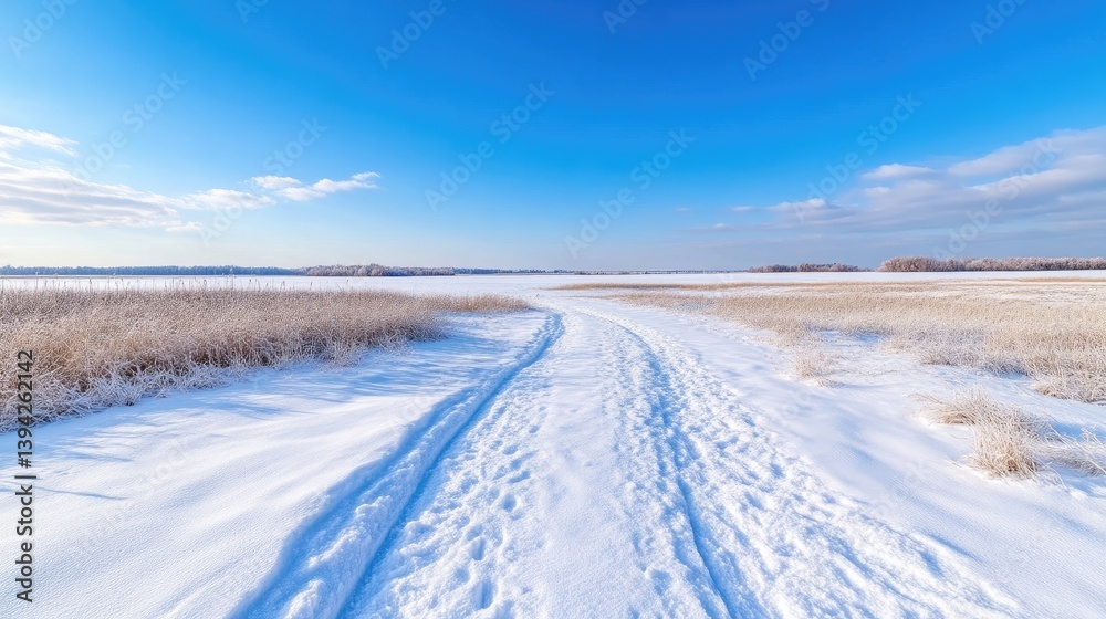 Winter landscape. A snowy path stretches into a vast expanse of frosted plains under a clear, sunny sky