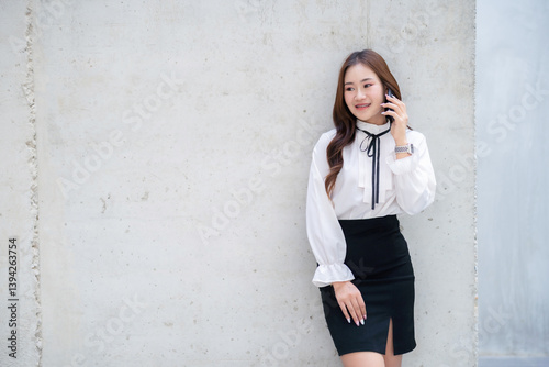 Obraz na płótnie Portrait of beautiful happy Smiling asian woman relaxing talking making using smartphone in cafe interior in coffee shop background,Business Lifestyle summer holiday concept w salonie