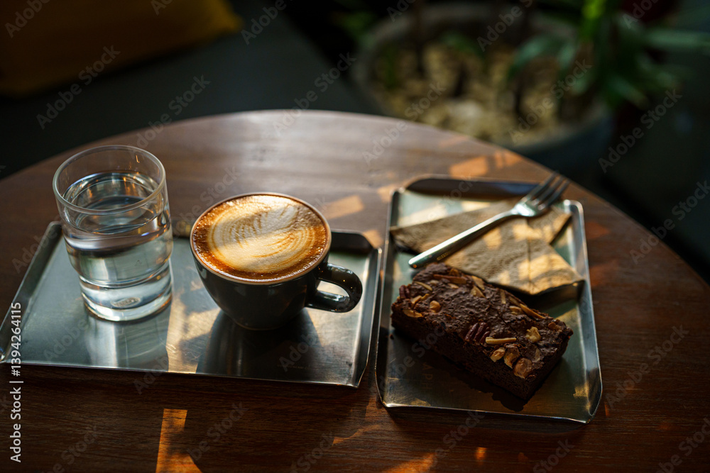 Hot coffee latte with latte art milk foam in cup mug and Homemade Brownie on wood desk on top view. As breakfast In a coffee shop at the cafe,during business work concept,vintage style