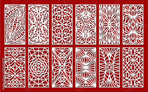 Set of decorative panels. Rectangular lattices with geometric linear pattern, openwork floral ornament. Template for plotter laser cutting of paper, fretwork, wood carving, metal engraving, cnc. 