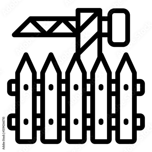 Industrial crane behind fence line icon, buildings construction concept. Vector graphics. Crane and wooden fence, barrier sign on white background, style mobile or design.