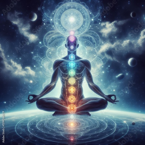Human figure meditating with glowing chakra system in cosmic environment symbolizing energy healing, spiritual balance and consciousness