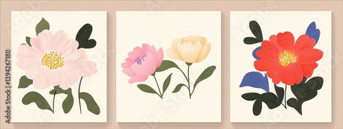 Set of Mother's day poster, banner or greeting card with hand drawn flowers on beige background