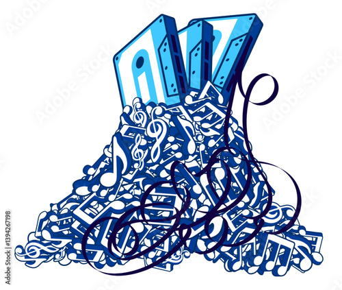 Retro magnetic tape audio cassette on top of mountain made of notes and musical symbols piled up in big heap of cacophony. Musical notes big pile. Vector banner for advertising of 1970s music party