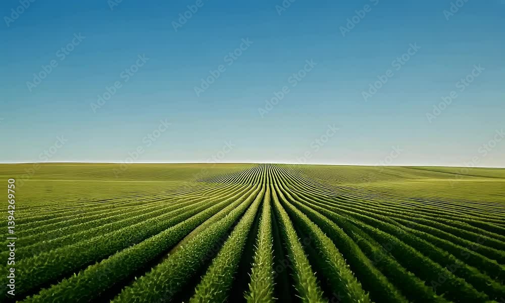 Endless rows of vibrant green crops stretch into the horizon under a clear blue sky, capturing the beauty and scale of modern agriculture. Endless rows of vibrant green crops stretch into the horizon under a clear blue sky, capturing the beauty and scale of modern agriculture.