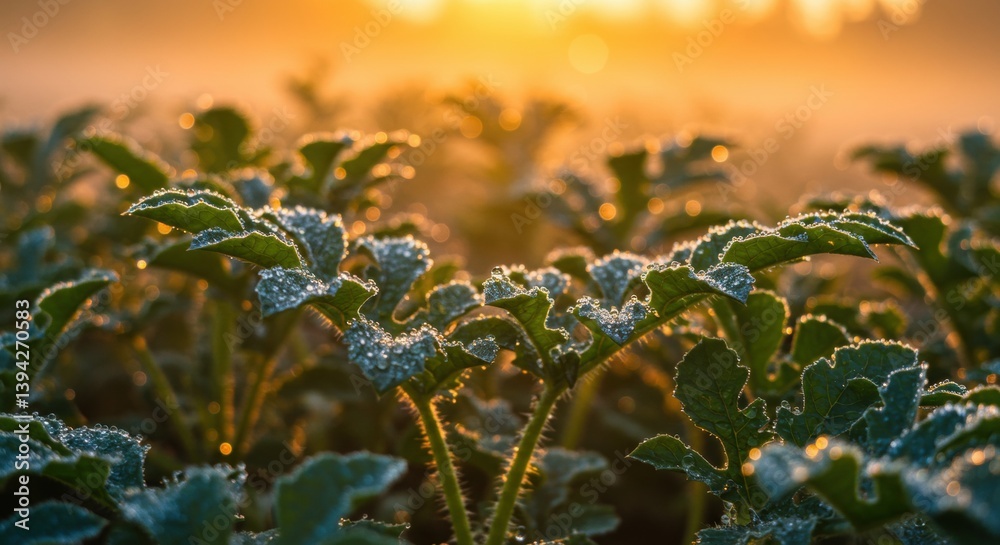 Obraz premium Morning sunlight illuminating dew-covered plants in a tranquil field at sunrise, showcasing nature's beauty - watermelon leaves plant
