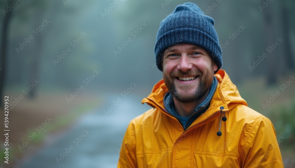 A joyful man wearing a bright yellow jacket and a cozy beanie stands in a serene, foggy forest. His infectious smile radiates warmth and positivity, inviting viewers to embrace the beauty of nature A joyful man wearing a bright yellow jacket and a cozy beanie stands in a serene, foggy forest. His infectious smile radiates warmth and positivity, inviting viewers to embrace the beauty of nature