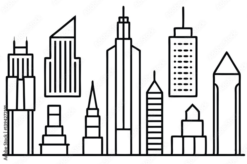 Obraz premium Skyscraper Line Art Illustration Detailed View of Tall Buildings 