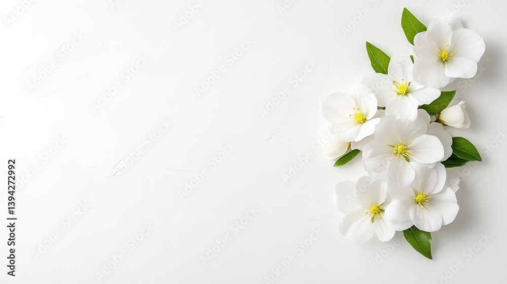 White flowers with green leaves arranged in a delicate bouquet on a clean white background, minimalist composition, and elegant and serene floral arrangement. White flowers with green leaves arranged in a delicate bouquet on a clean white background, minimalist composition, and elegant and serene floral arrangement.