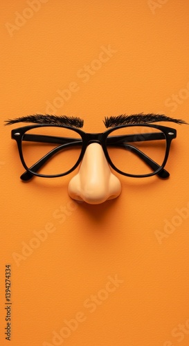 Humorous disguise with glasses and nose against orange background