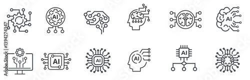 Set of Black and White Thin Line Artificial Intelligence Icons 