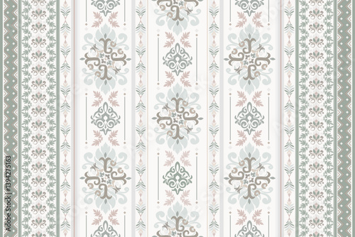 Seamless elegant vintage damask pattern with soft pastel floral elements and vertical stripes. Ideal for textile design, wallpaper, home decor, and classic-themed projects.