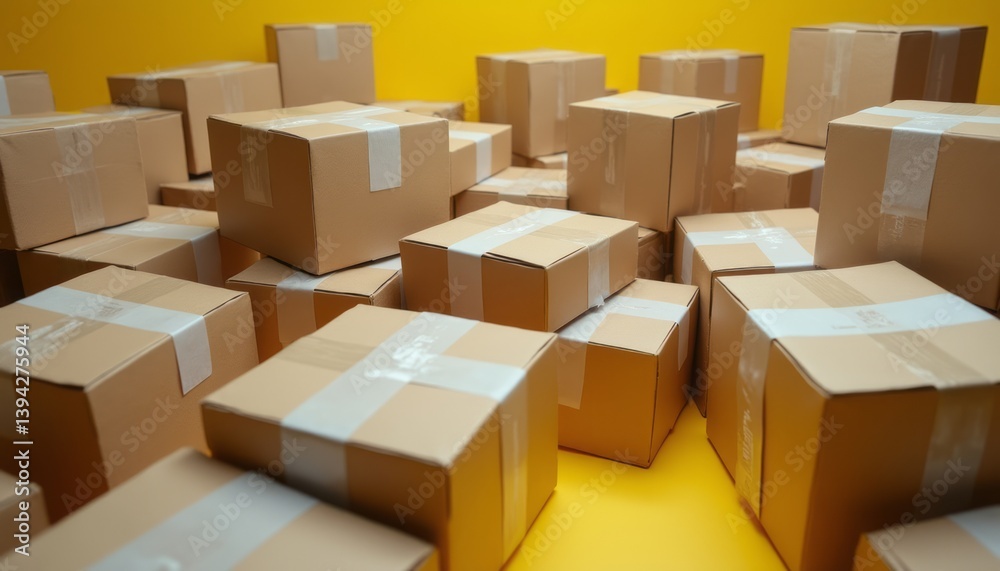 This dynamic image showcases a multitude of cardboard boxes, all uniformly wrapped with white tape, creating a sense of order amidst the lively yellow background. The arrangement evokes feelings of This dynamic image showcases a multitude of cardboard boxes, all uniformly wrapped with white tape, creating a sense of order amidst the lively yellow background. The arrangement evokes feelings of