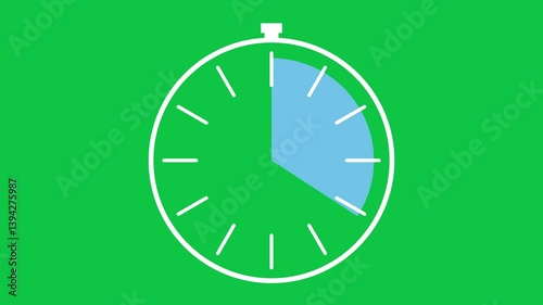 Flat Design Stopwatch Loopable Animation - White Analog Timer Filling from Empty to Full on Green Screen - 4K Stylized Clock Symbol Motion Graphic - Time Progress Transition for Video Overlays