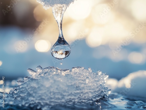 A close-up of a water droplet falling from a melting icicle, with a blurred background of snow.