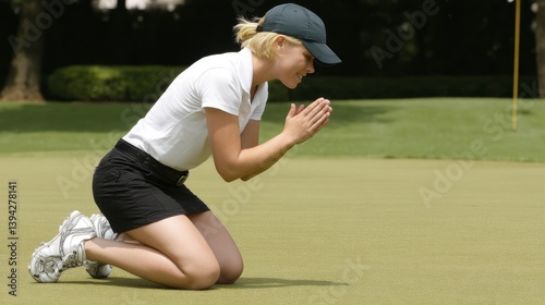 Female golfer kneeling in prayer on the putting green, focused and hopeful