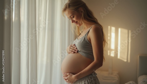 Free Download A serene scene captures a glowing expectant mother, her hand lovingly resting on her rounded belly, bathed in warm, soft light. This intimate moment radiates joy and anticipation, showcasing the - GFXLoad