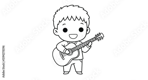 Cute Chibi Musician Coloring Sheet with Guitar - Printable Music Instrument Art