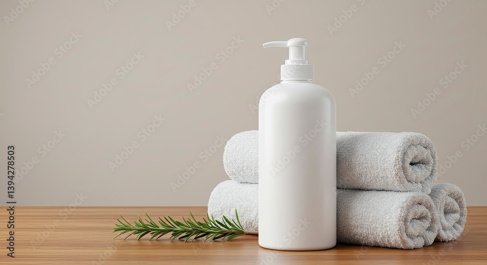 White Lotion Dispenser on Rolled Towels with Greenery Spa Concept White Lotion Dispenser on Rolled Towels with Greenery Spa Concept