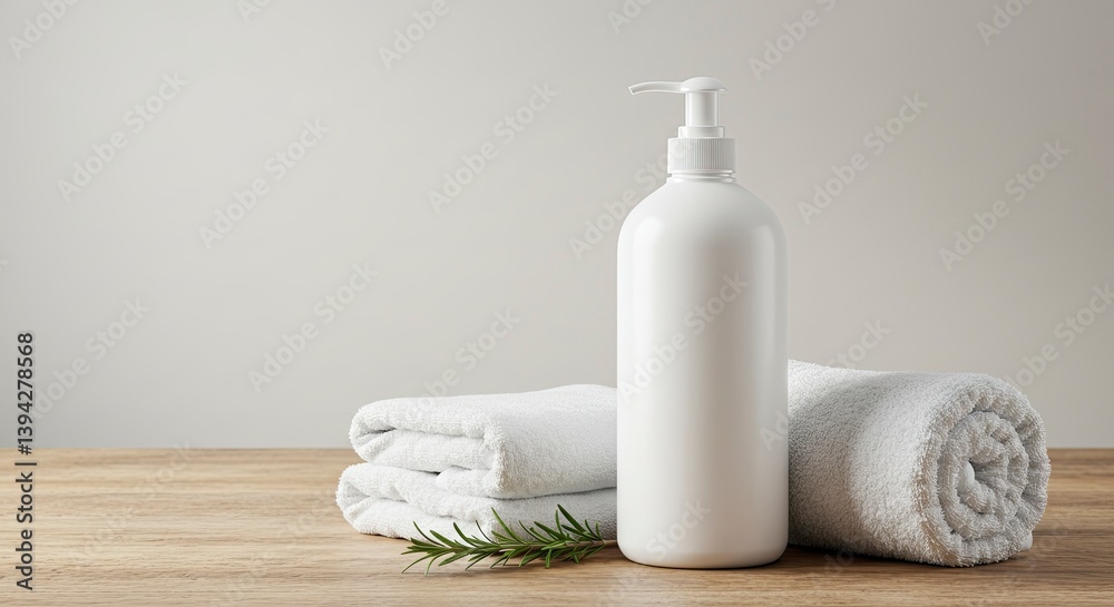 Elegant Spa Still Life White Bottle with Towels and Rosemary Elegant Spa Still Life White Bottle with Towels and Rosemary