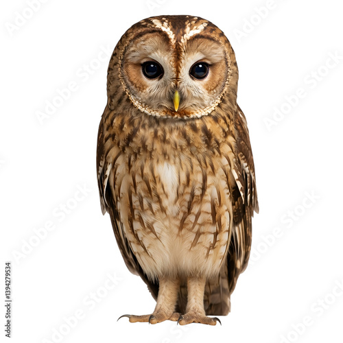 A tawny owl standing calmly, wings closed, full-body centered and isolated against white.