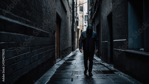 Dark alleyway with wet stones. Figure walks in hooded jacket through narrow street between tall buildings, dark mood
